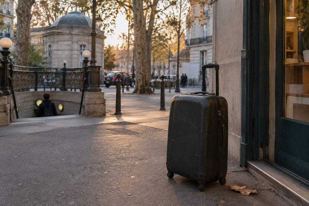 A suitcase standing on the pavement outside a small storage shop in Paris