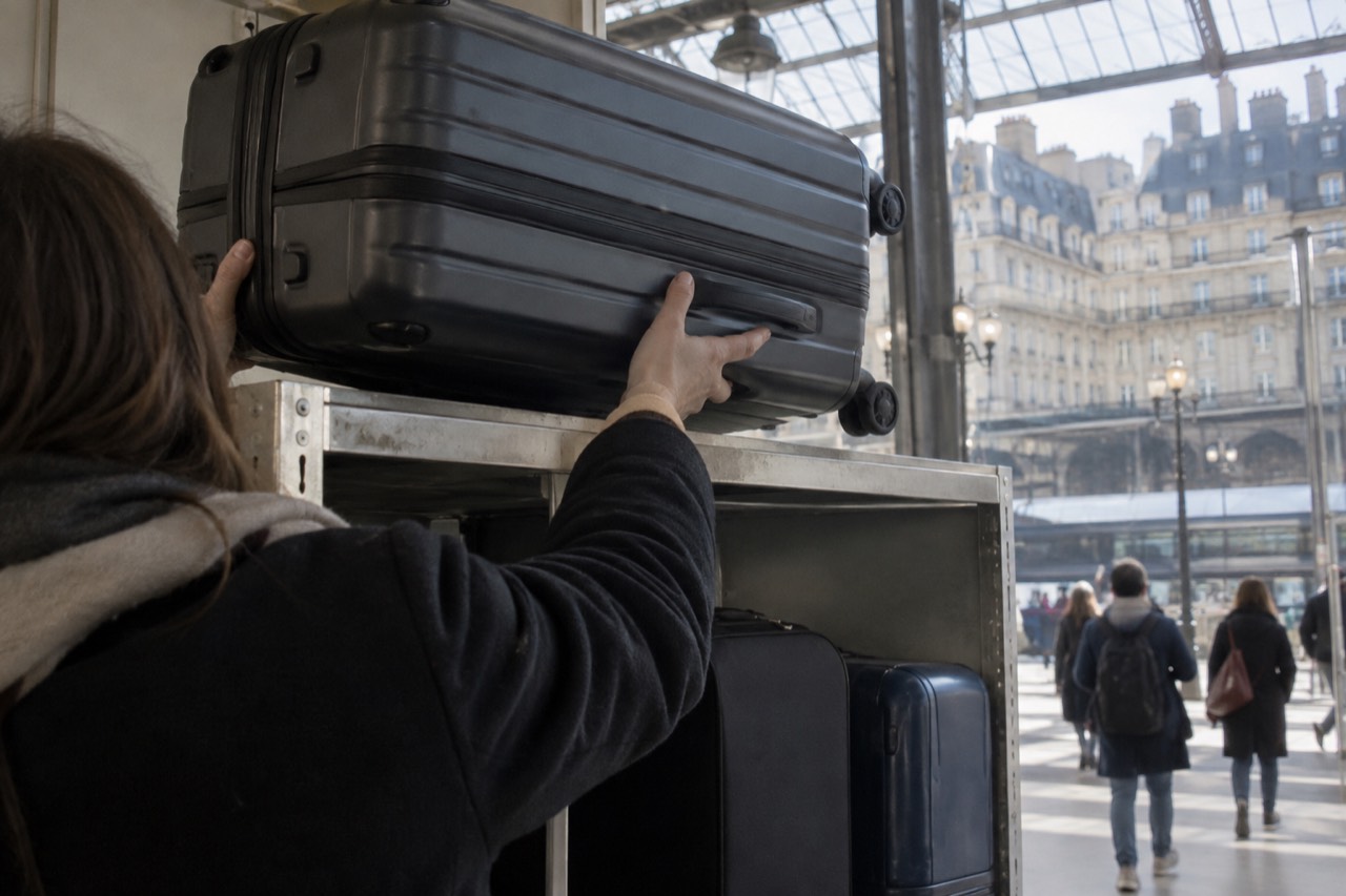 A traveller placing a suitcase into a storage locker in a bright Paris shop