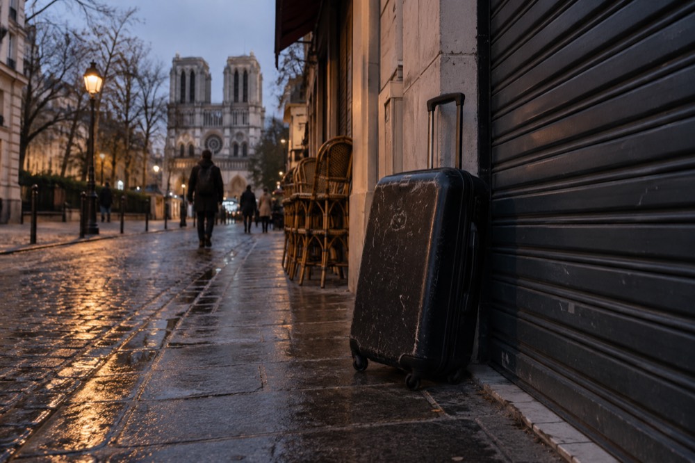 Suitcase waiting beside a closed shutter of a Paris shop at dusk
