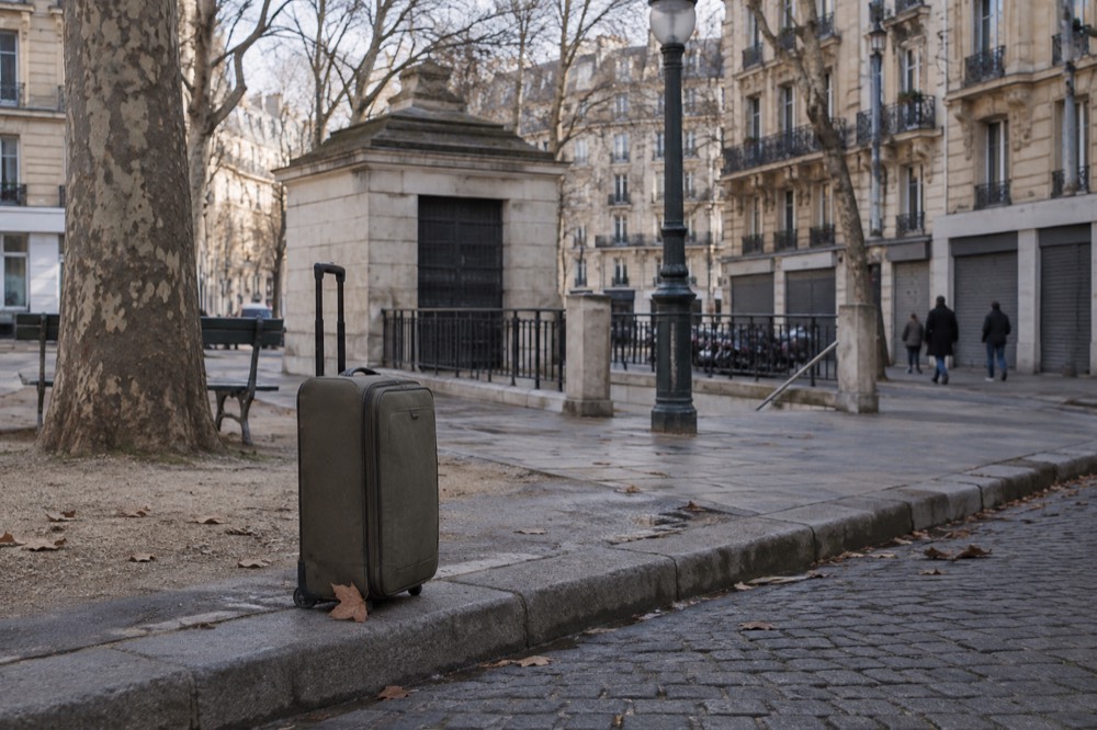 A suitcase on a quiet Paris street on a Sunday morning with closed shutters along the row
