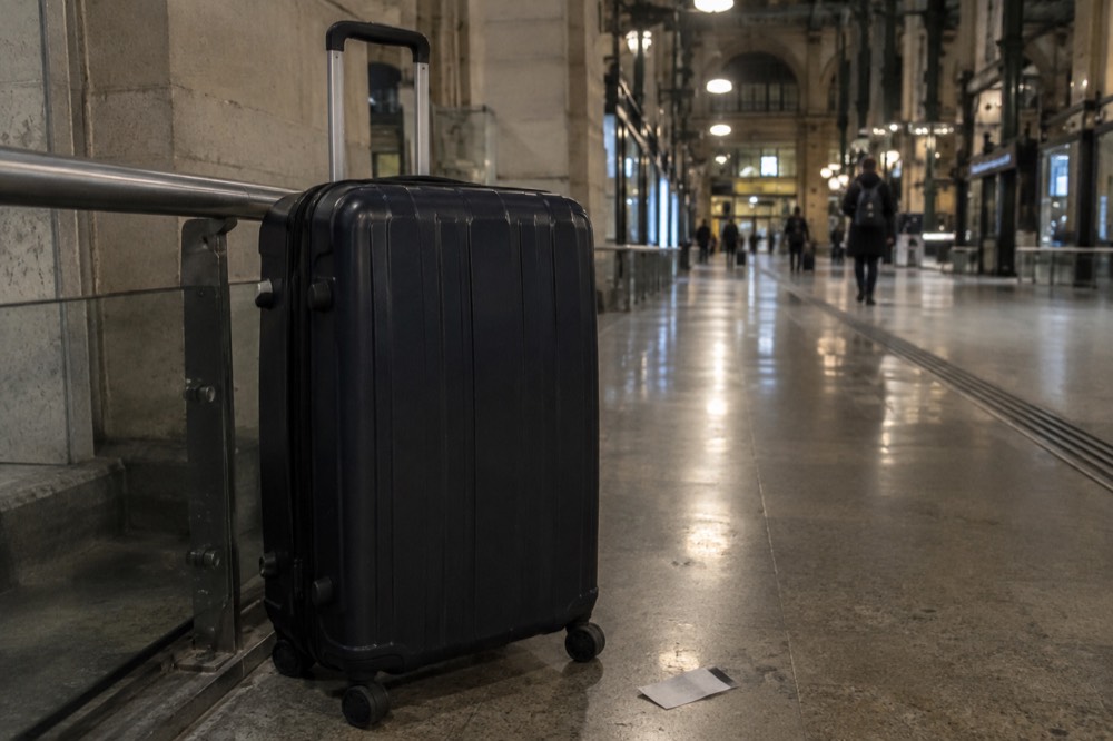 A lone suitcase in an airport arrivals hall near Paris at night with empty walkways