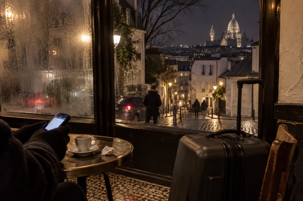 Traveller checking a phone beside a suitcase in a lit Paris cafe at night