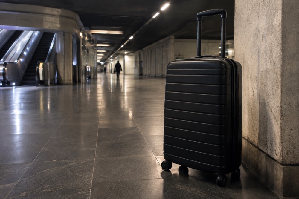 Suitcase standing in an empty Paris metro station corridor late at night