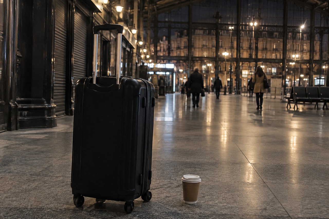 A suitcase standing in an empty Paris station concourse at night with shuttered shops behind
