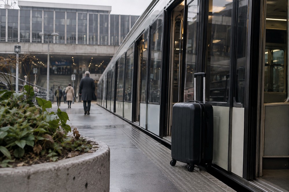 A suitcase beside the platform edge doors of a modern Paris Metro station