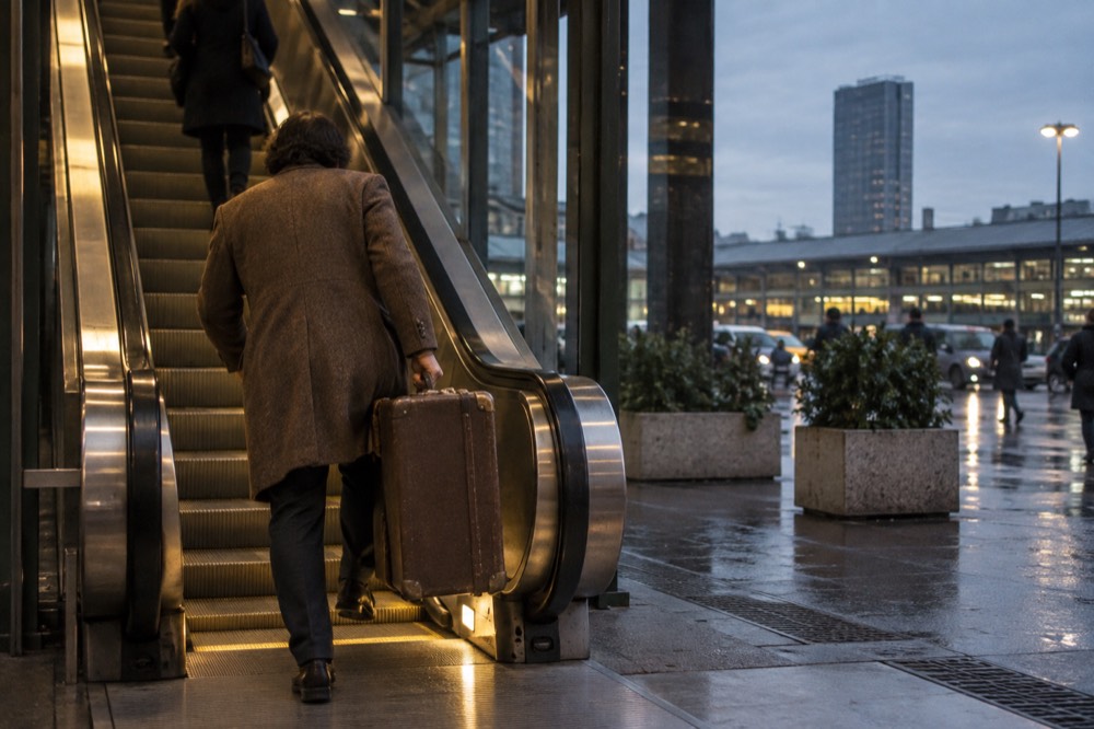 A traveller lifting a suitcase onto an escalator in a Paris station corridor