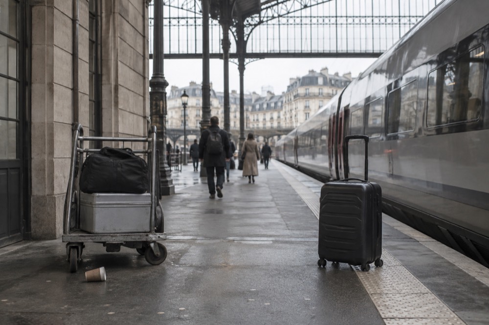 A suitcase on a Paris railway platform beside a waiting long-distance train