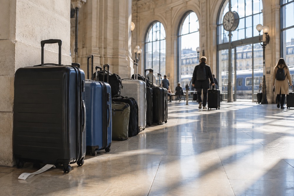 Suitcases queued along a bright airport hall near Paris