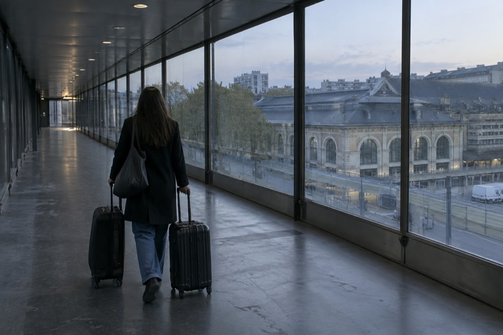 A traveller wheeling two cases along an empty glass-walled airport corridor near Paris