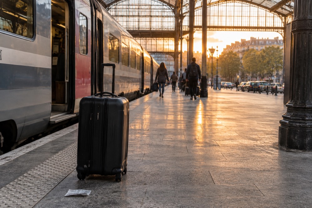 A suitcase beside a regional express train at a station platform near Paris