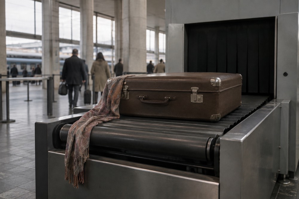 A suitcase on the belt of an airport security scanner near Paris