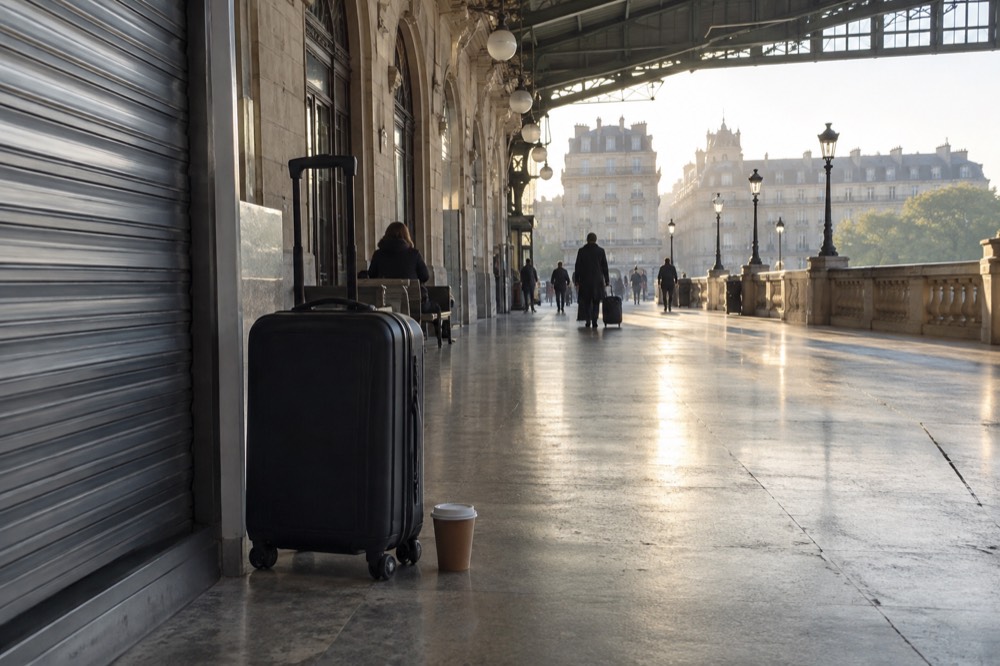 A station concourse in early morning light with a traveller's suitcase standing beside a closed shop shutter.
