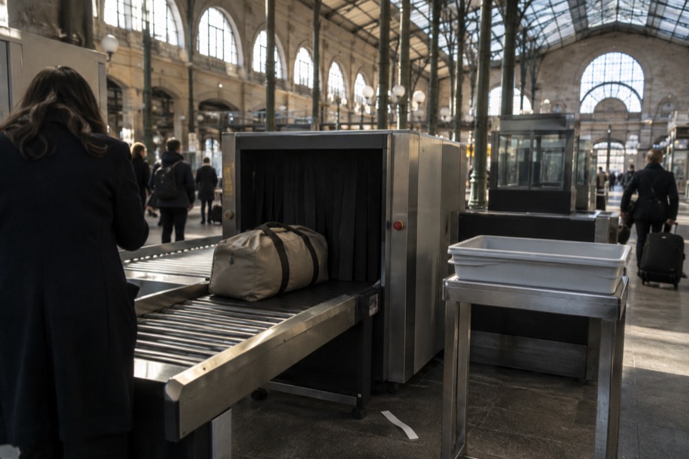 Security screening equipment beside a counter in an airport baggage area