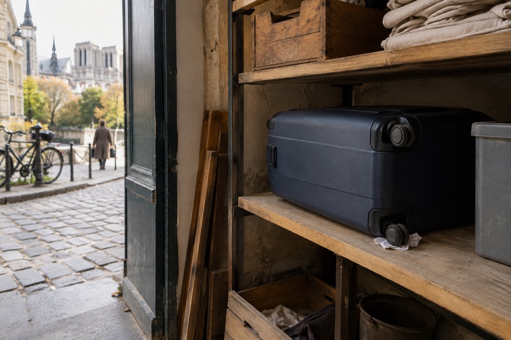 A suitcase resting on a lower shelf inside a small Paris shop storage area