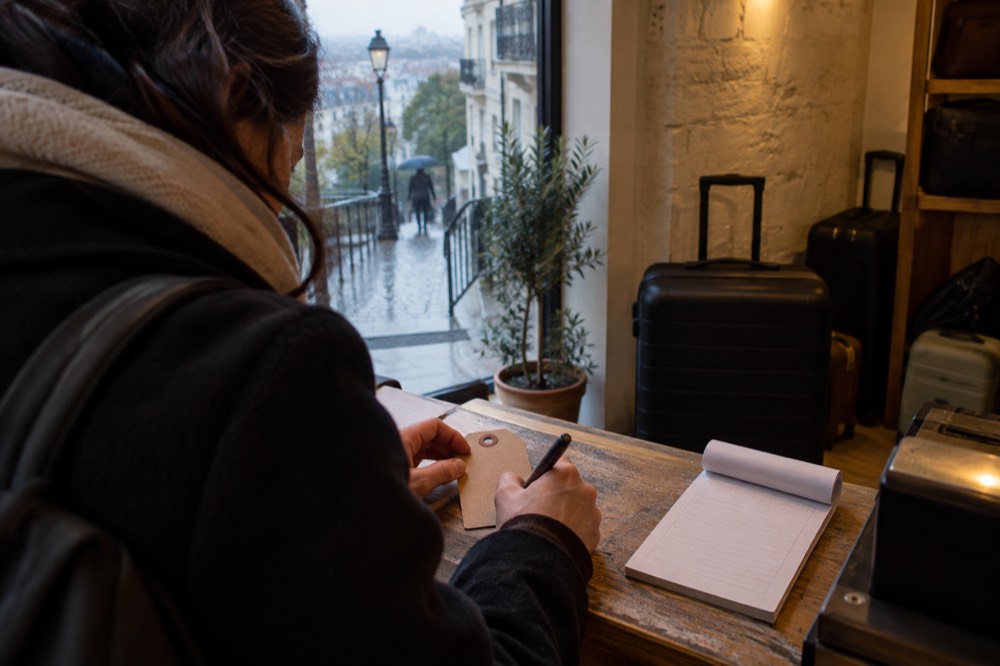 Close view of a paper luggage tag being filled in at a shop counter, with a pen resting on a receipt book