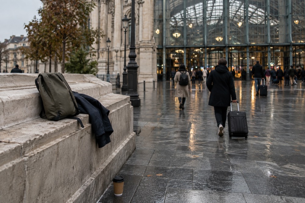 A traveller's small backpack and folded jacket on a bench outside a Paris rail station entrance, with no large suitcase in sight