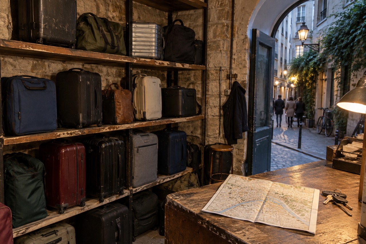 A row of shelved luggage inside a Paris storage point, with a folded city map and a set of keys on the counter beside it