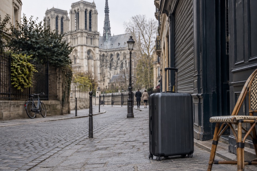 A very large upright suitcase waiting next to a shuttered shop front on a Paris street