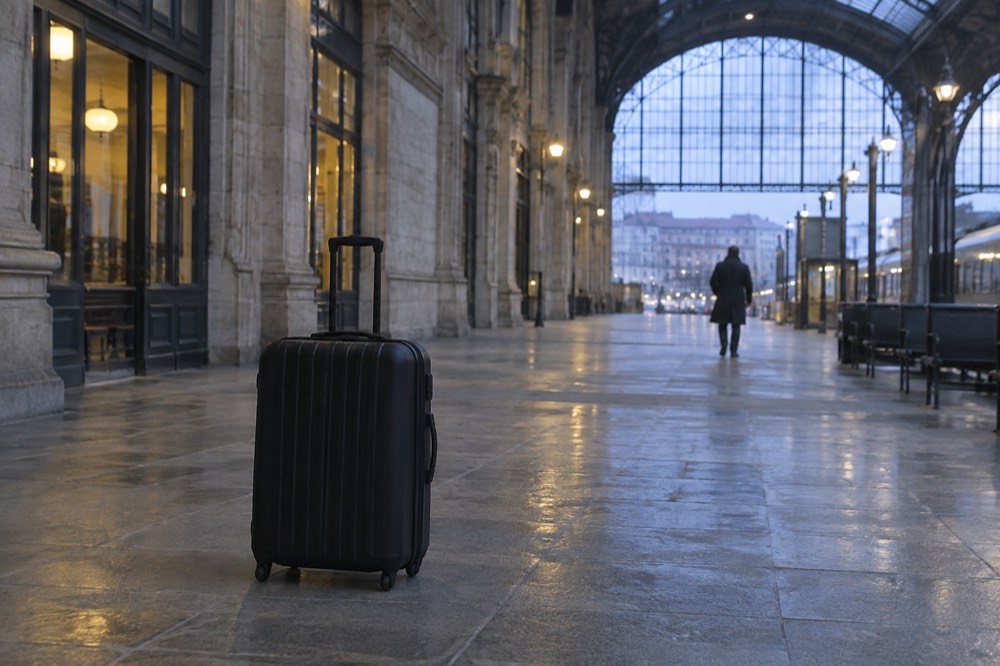 A large suitcase standing alone on an empty station concourse floor