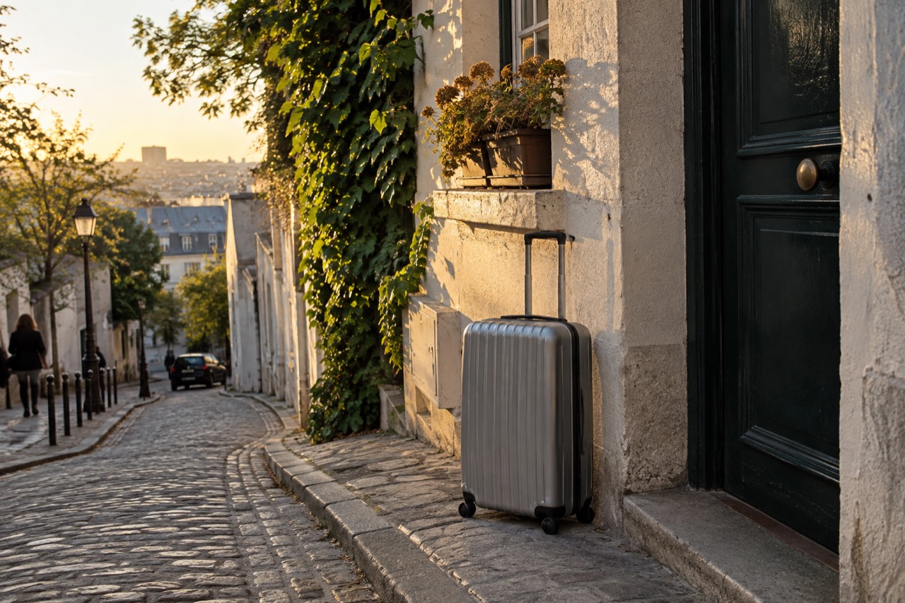A large hard-shell suitcase standing closed beside a Paris apartment doorway