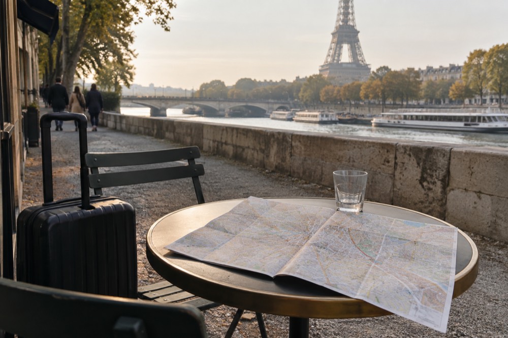 A city map of Paris spread on a café table with a suitcase leaning against the chair