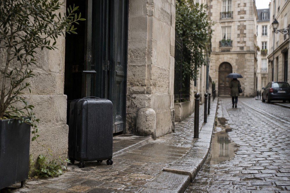A narrow Marais street with stone buildings and a wheeled suitcase paused at a doorway