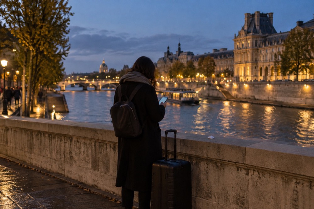 A traveller checking a phone beside a suitcase on a Paris bridge at dusk