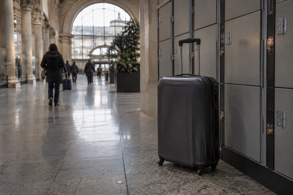A suitcase standing beside a coin-operated locker bank in a station corridor