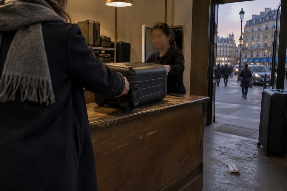 A traveller handing a suitcase across a shop counter to a staff member
