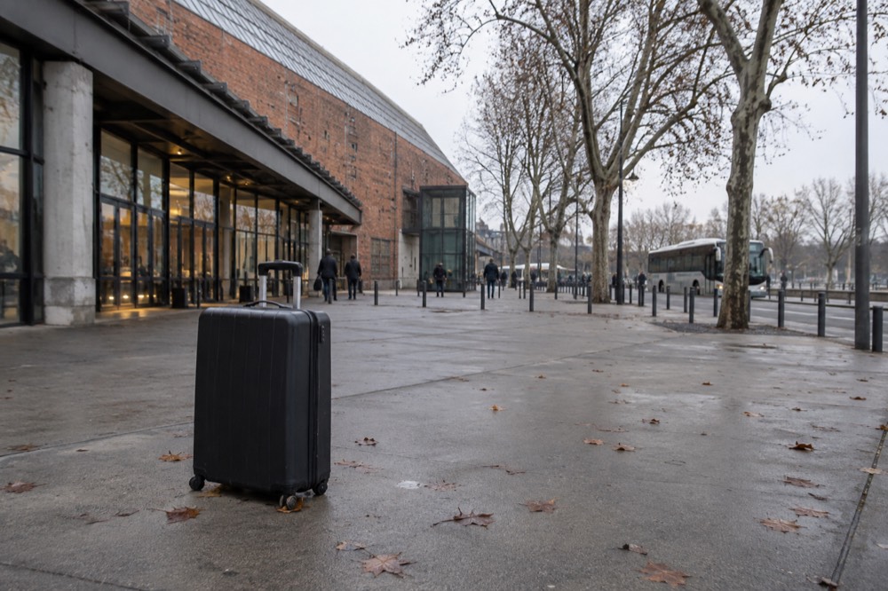 A station concourse with a suitcase and no visible locker facilities