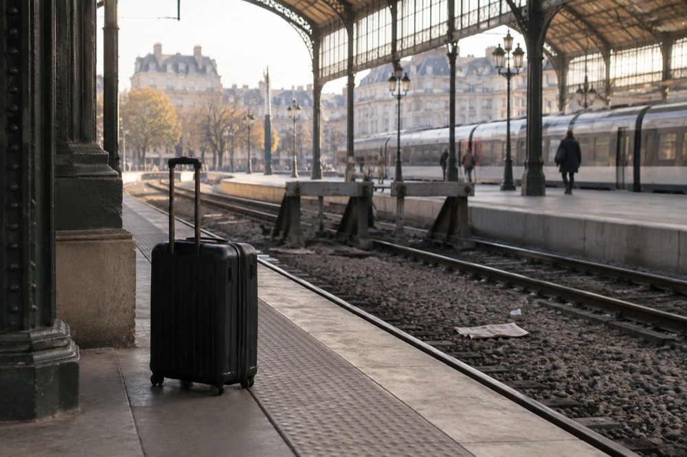 A suitcase left standing alone on a Paris station platform edge