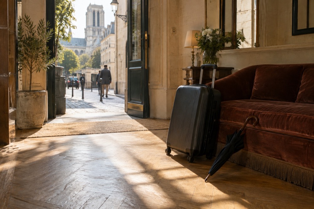 A suitcase standing beside a sofa in a Paris hotel lobby