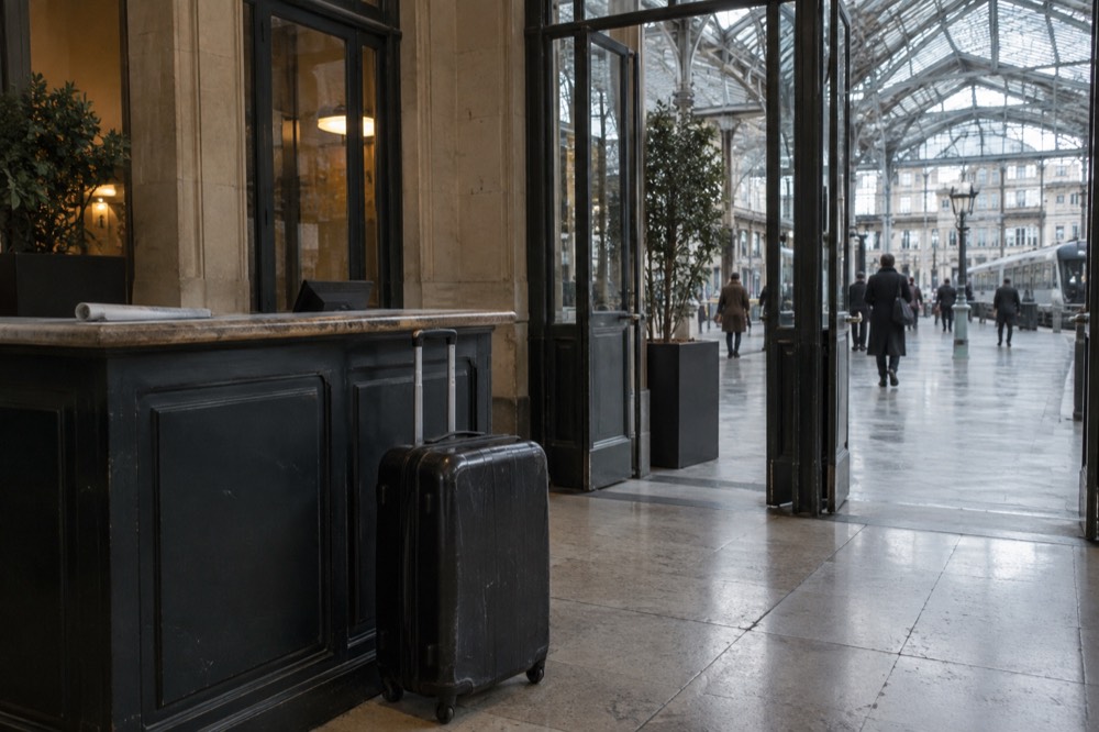 A suitcase waiting beside the front desk of a Paris hotel