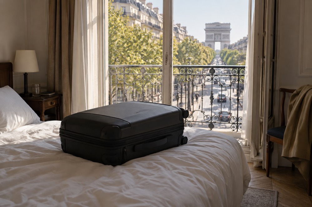 A packed suitcase closed on the bed of a Paris hotel room
