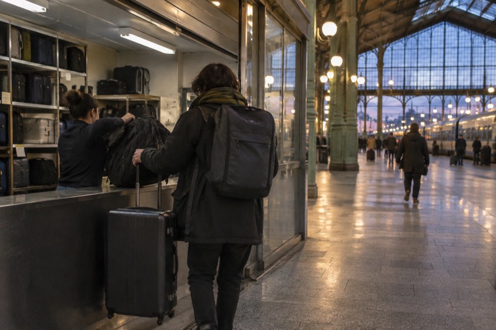 Traveller handing a suitcase to a storage attendant near a train station