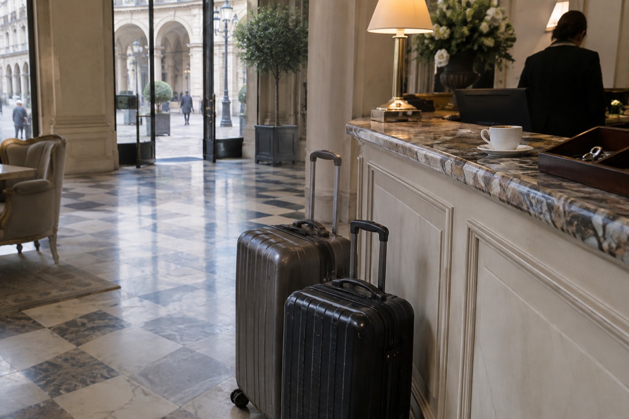 Hotel reception desk with two suitcases beside the concierge