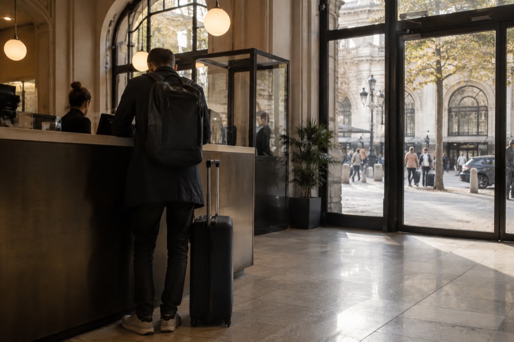 A traveller standing at a Paris hotel reception desk with a suitcase, asking the receptionist a question
