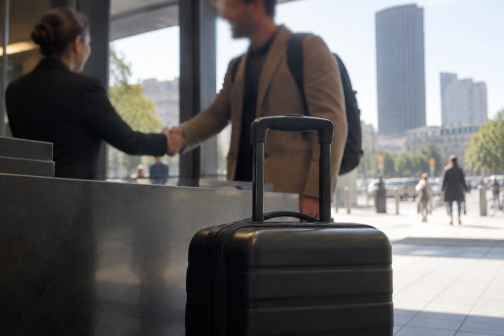 A receptionist shaking hands with a guest over a suitcase in a Paris hotel lobby