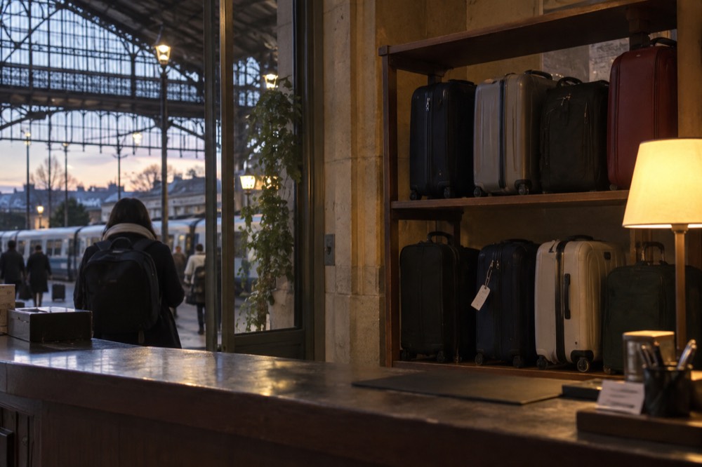 Suitcases lined up behind the reception desk of a Paris hotel