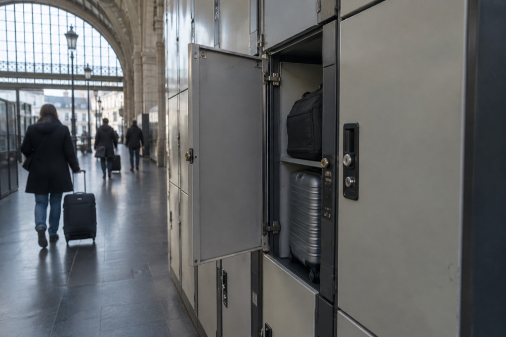 A row of self-service luggage lockers in a Paris train station