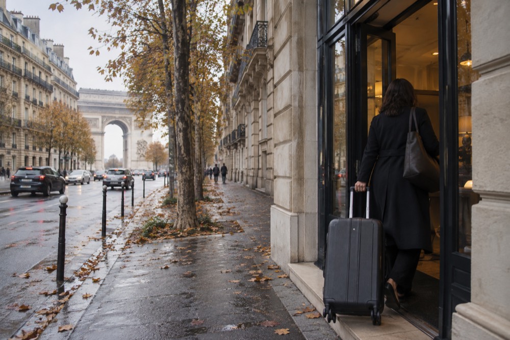 A traveller walking out of a Paris hotel entrance pulling a suitcase toward a busy street