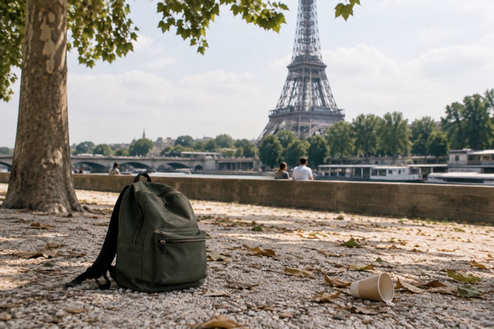 A small rucksack on the gravel of the Champ de Mars with the Eiffel Tower behind