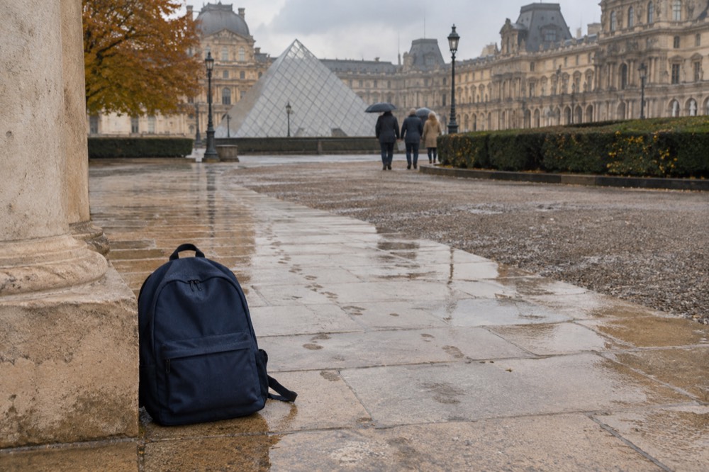 A daypack on the paving of the Louvre courtyard beside the glass pyramid