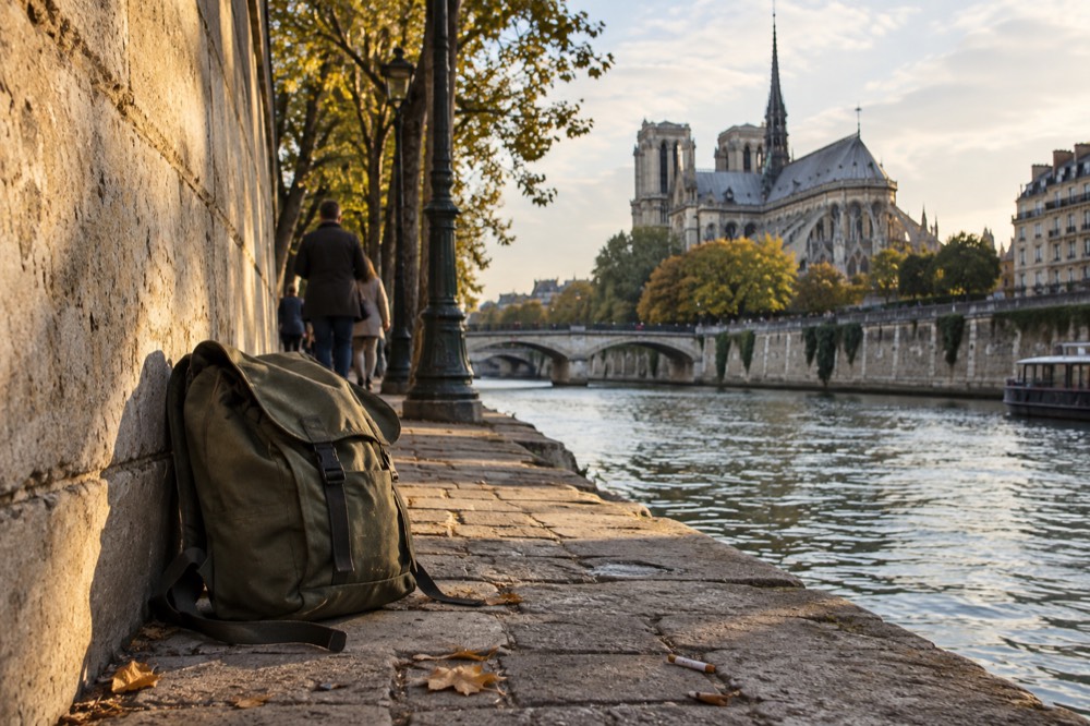 A rucksack on the stone quay across the Seine from the Musee d’Orsay