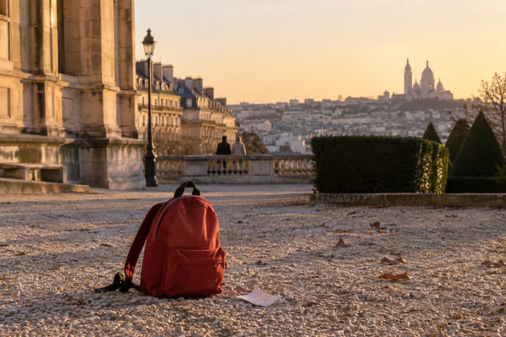 A small backpack on the gravel courtyard inside the gilded gates at Versailles