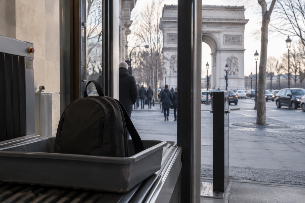 A rucksack in the tray of a security scanner at a Paris monument entrance