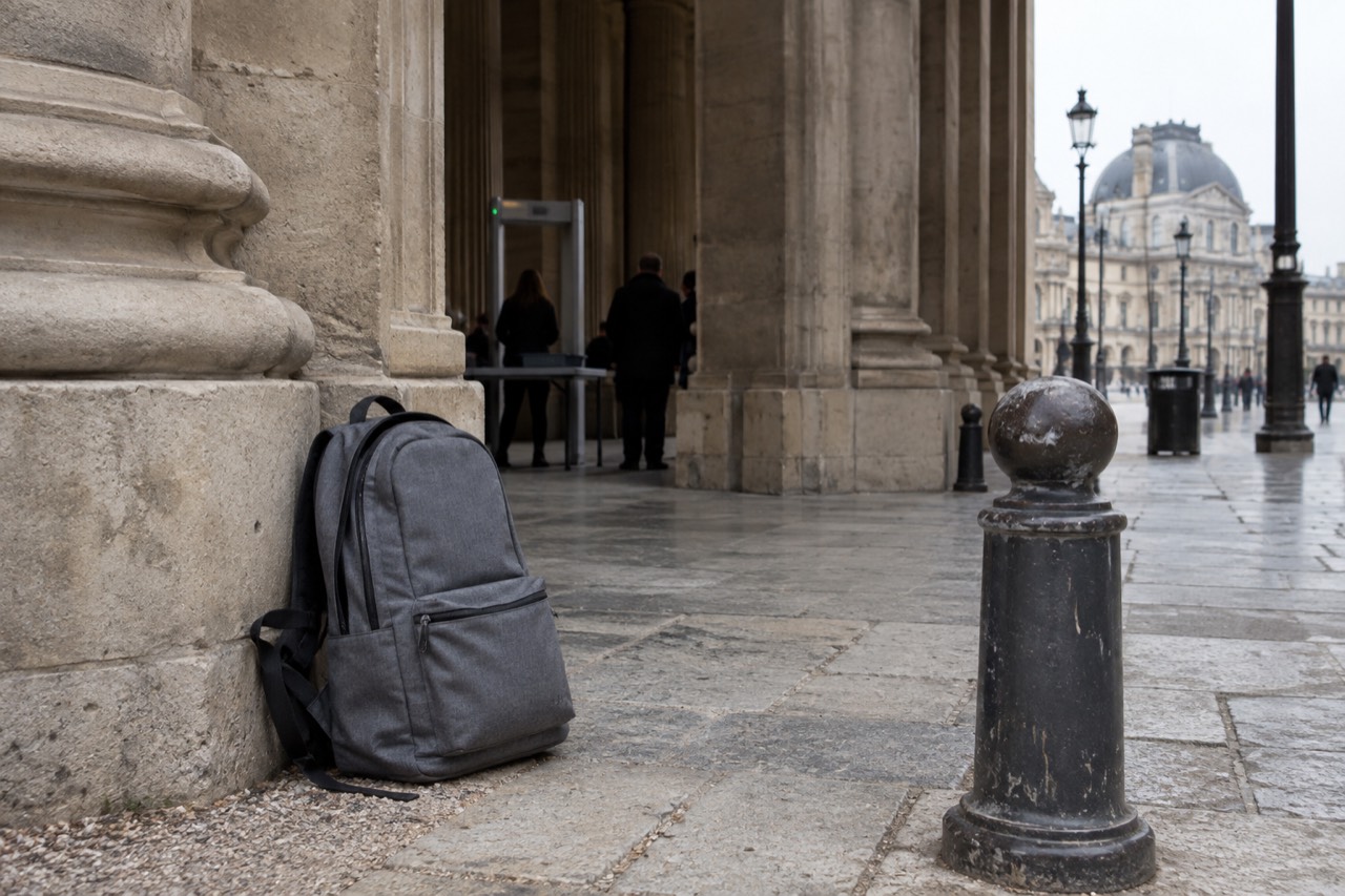 A rucksack on the ground at a security checkpoint entrance to a Paris museum