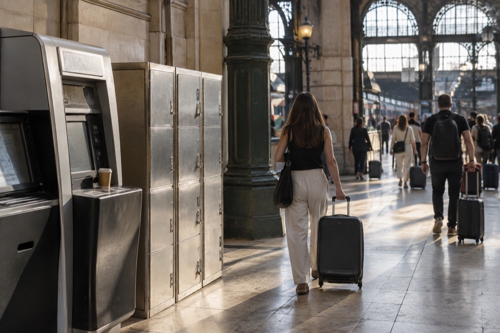 A station concourse with ticket machines and a row of luggage lockers