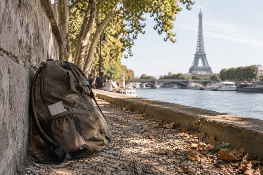A daypack on a sunlit tree-lined gravel path in the Versailles gardens