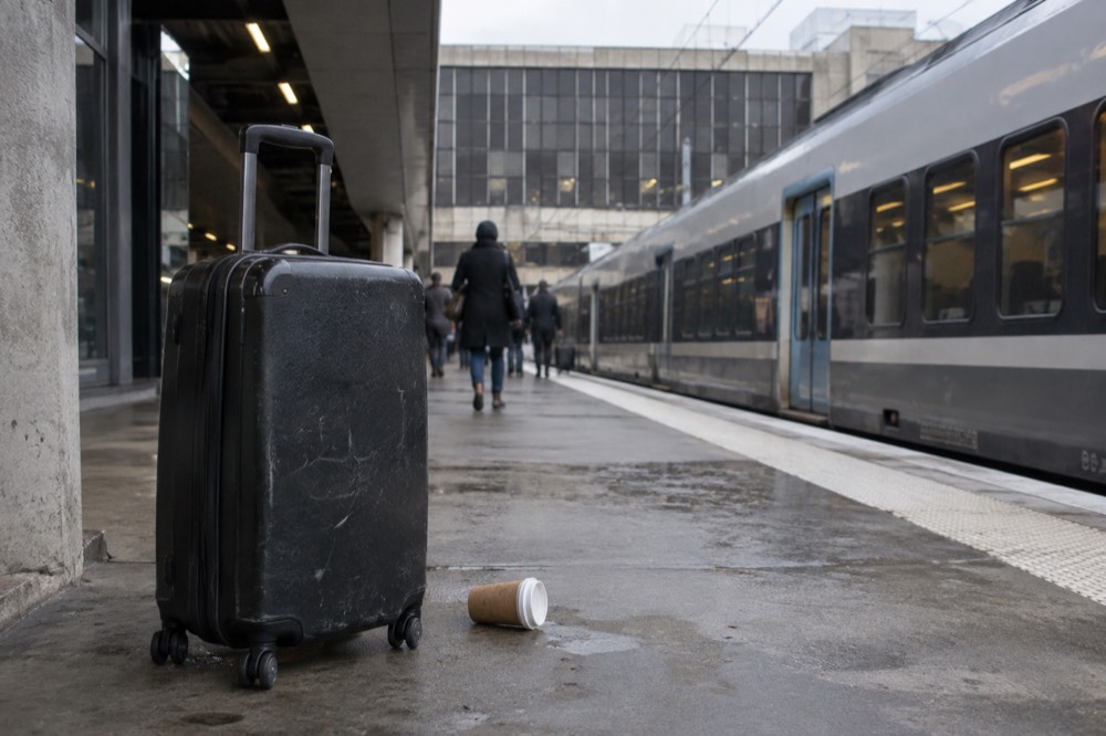 A suitcase on a Paris station platform beside a waiting regional train